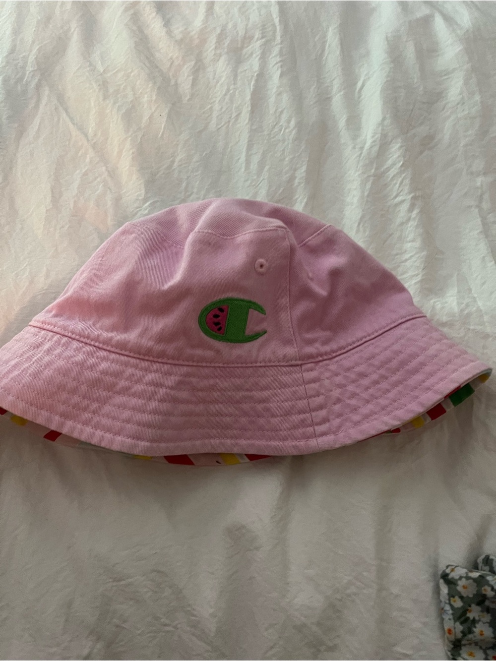 Champion Pink Bucket Hat with Green Watermelon Patch, reversible